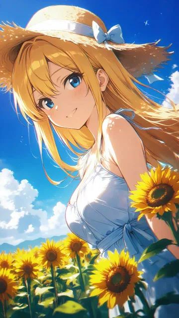 ひまわり畑の美女、青空とひまわり畑、振り向く仕草 - 向日葵畑の少女