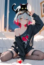 オーバーサイズのトレーナーで…パンク娘と黒ニャンコ…銀 — たくりんさんのAIイラスト