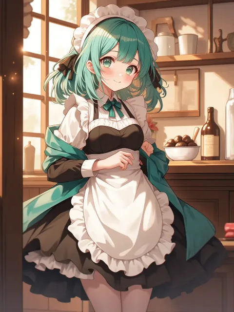 割烹着を着た少女、メイド喫茶の店内、割烹着の胸当て、膝上まで