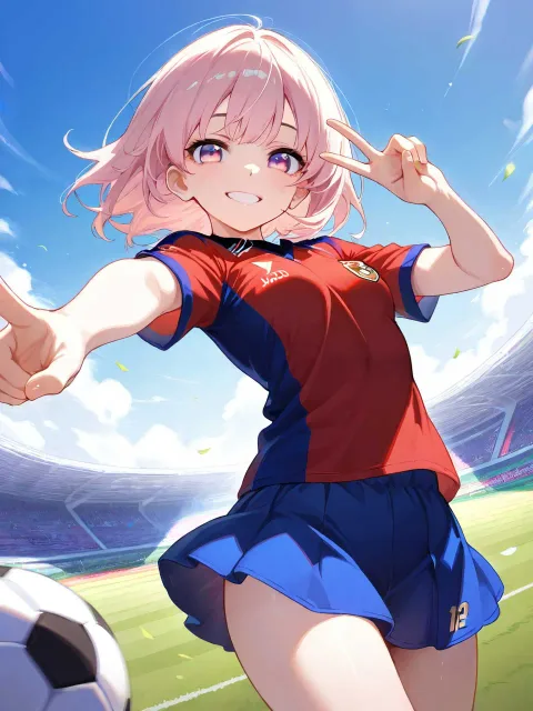 ピースサイン、サッカーのユニフォーム、ミニスカート