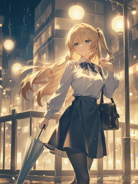 傘を刺して夜道を歩く少女・雨が降っている