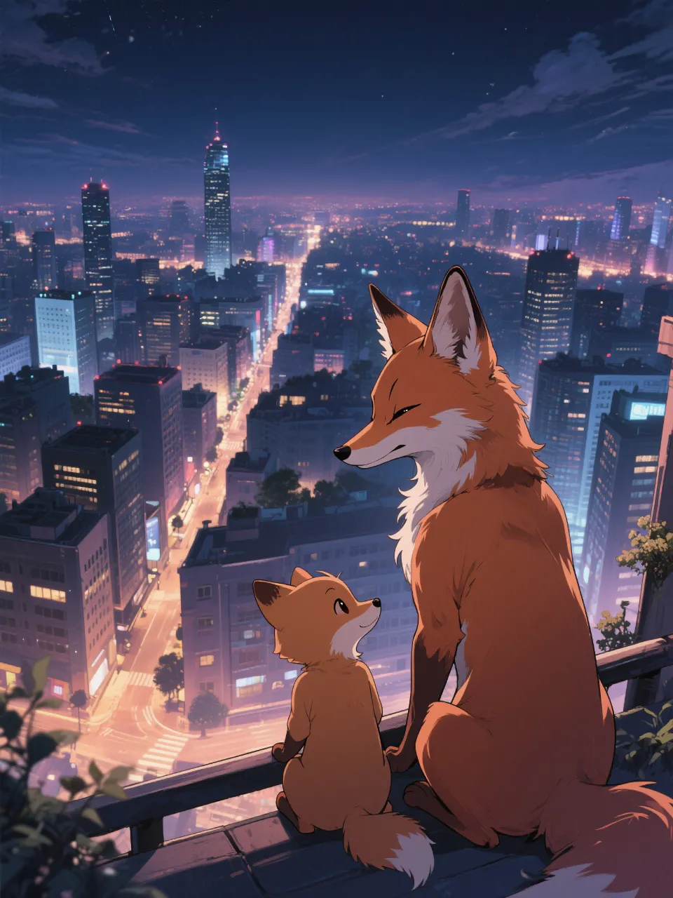 街の夜景を見下ろすきつねの親子 — ガムルさんのAIイラスト