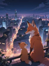 街の夜景を見下ろすきつねの親子 — ガムルさんのAIイラスト