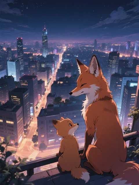 街の夜景を見下ろすきつねの親子