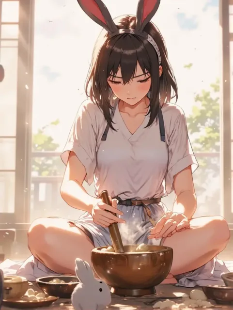 モッチモチやお餅を作っている紅夜さんと子うさぎ