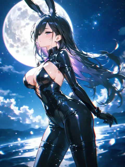 兎の耳がある色っぽい成年女性、雲の切れ間の月光