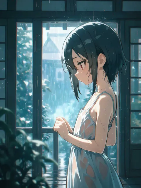 cute young girl、baby face - 軒先の雨宿り