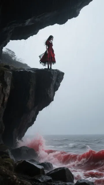 真っ黒な大粒の雨に打たれる劣化した赤いゴシックドレスの少女が…