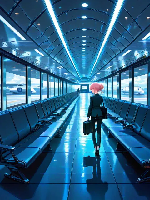 仕事終わりの空港、出発ロビー、荷物とスーツ、ネオン