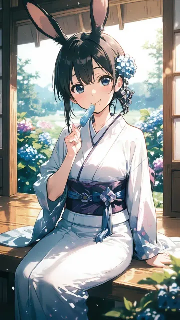 池のほとりに紫陽花 清楚な着物の女の子 大きな澄んだ瞳…