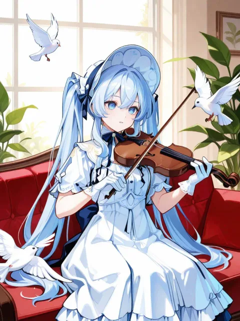 窓辺のソファでヴァイオリンを弾く少女