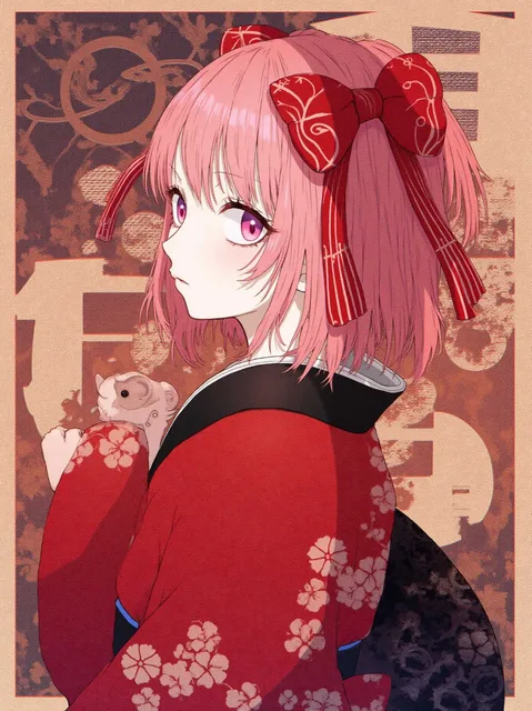 ピンクの目の女の子、赤と黒の着物、ハーフアップ、カチューシャ