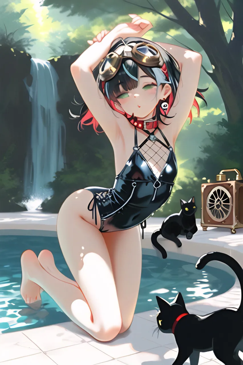 滝つぼで水遊びしてる…パンク娘と黒ニャンコ…黒