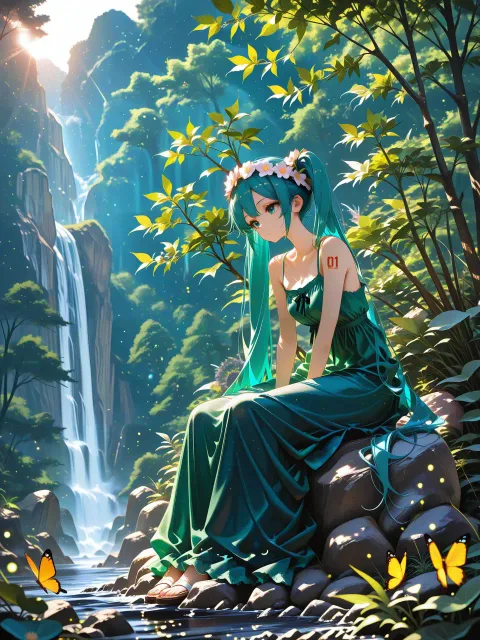 hatsune miku, flower crown, green sundress, sitting on rock,…