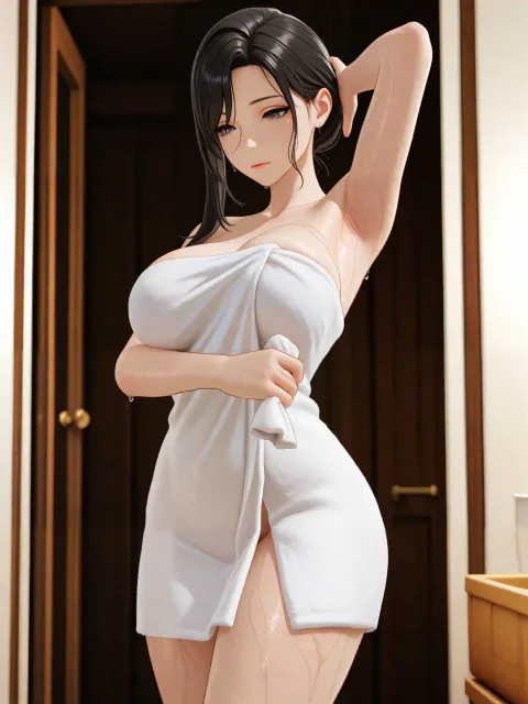 脇の下で結び目を作ったバスタオル姿の色っぽい成年女性 - タオル一枚