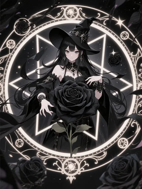 黒魔術を行う美しい黒バラの呪術者黒魔術 夜 魔法陣 黒バラ
