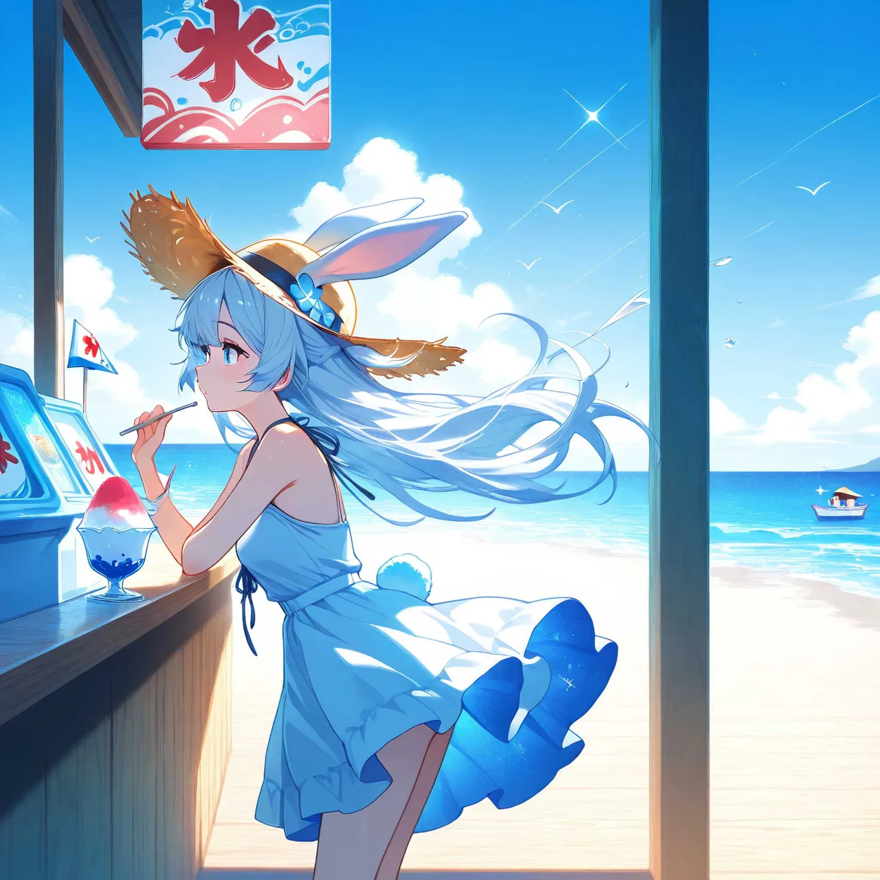 潮風ラムネと、青いかき氷 — Rabbit_FootさんのAIイラスト