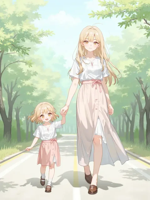 幼い頃のミニスカ姿と大人になった主人公のロングスカート姿