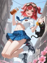 ヘソだし制服で麦茶を持ってる…パンク娘と黒ニャンコ…赤