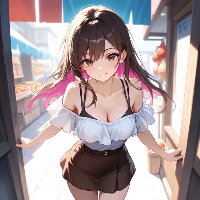 初夏の朝に開かれる朝市 ダークブラウンのセミロングの美少女…