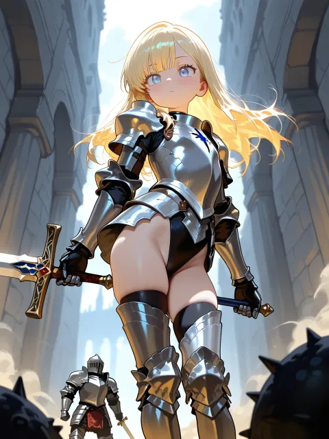 戦の最中、敵の前、剣を振り下ろす、かっこいい - 女騎士