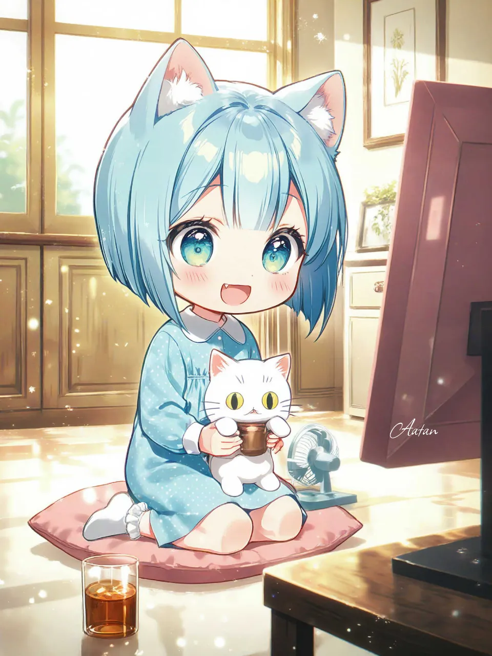 麦茶を猫ちゃんと飲む