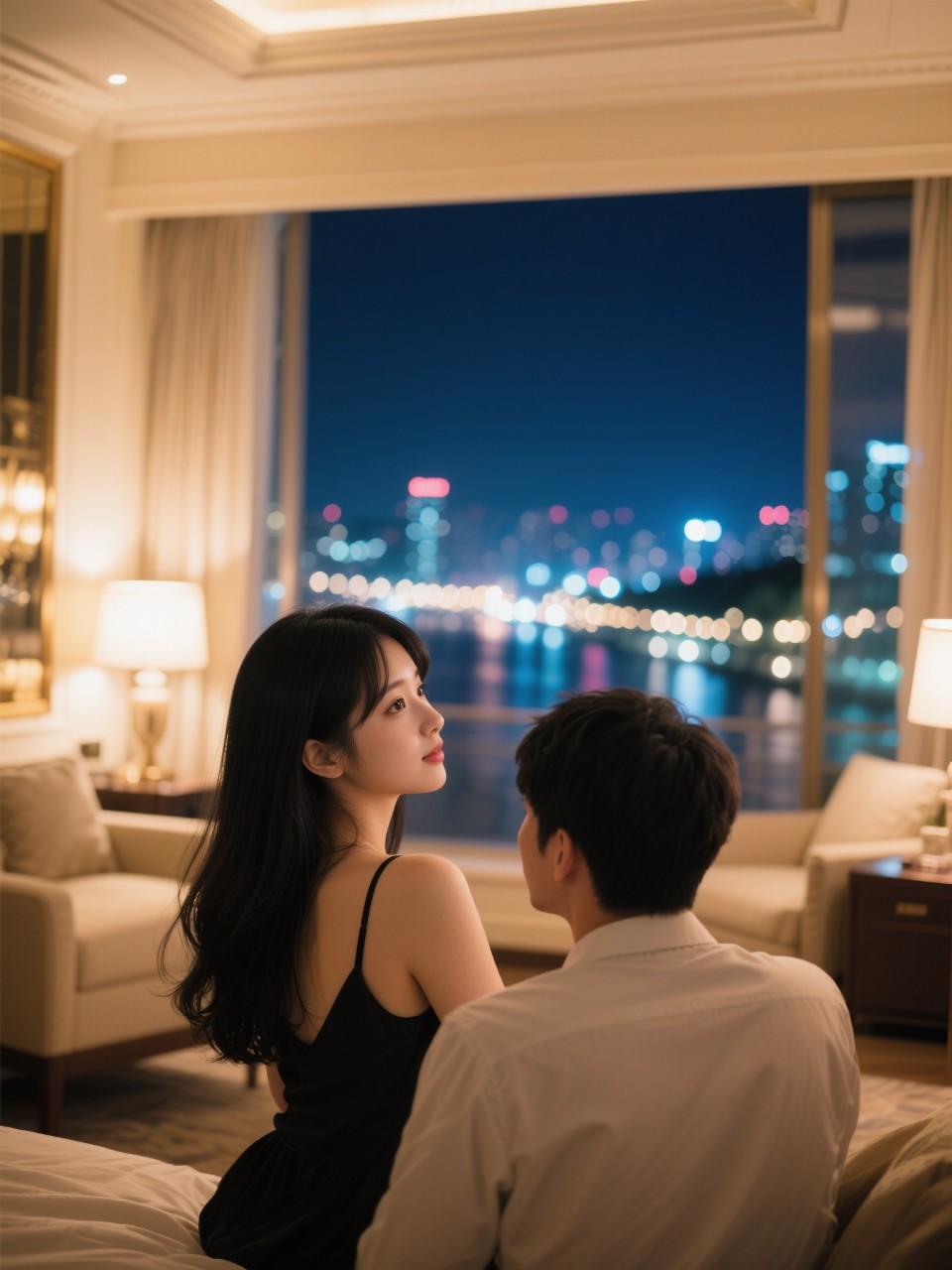美少女お嬢様が初めて彼氏と二人きりで高級ホテルを貸し切り最上位の部屋で煌めく幻想的な夜景を眺めるお嬢 — cocoaさんのAIイラスト