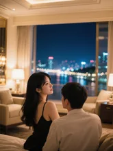 美少女お嬢様が初めて彼氏と二人きりで高級ホテルを貸し切り最上位の部屋で煌めく幻想的な夜景を眺めるお嬢 — cocoaさんのAIイラスト