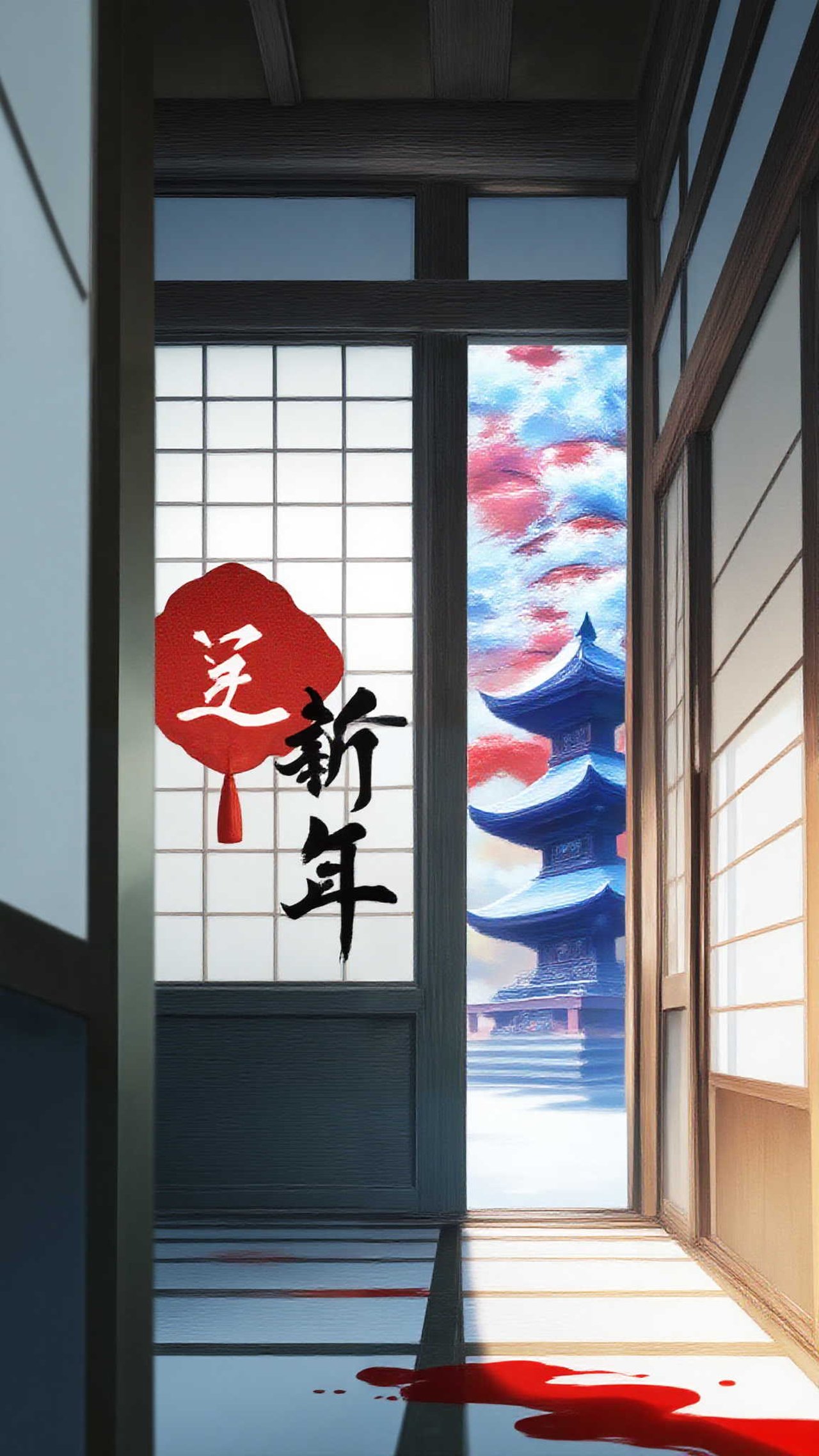 A tatami room with kakizome calligraphy pieces posted on the wall, ink bleed texture, New Year decorations, quiet atmosphere, film photo look, ultra-detailed