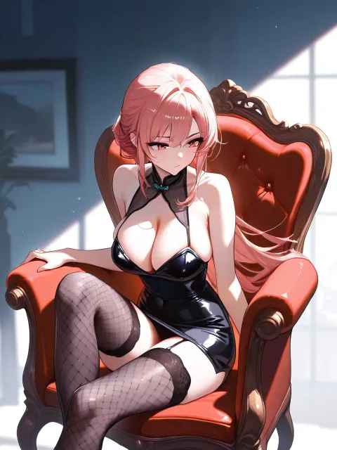 黒いミニドレスと網タイツの色っぽい成年女性、赤い椅子の上