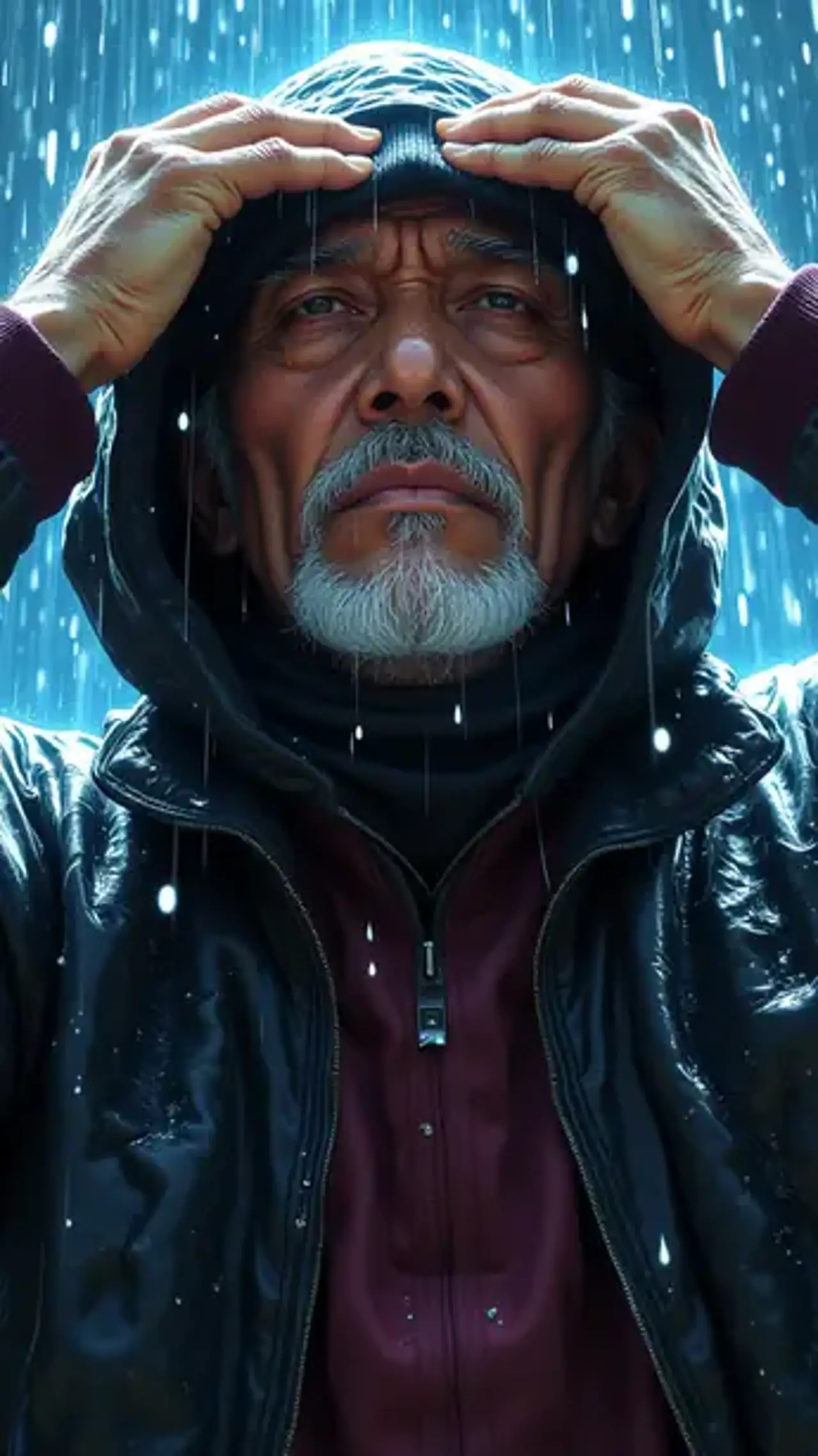 "In the downpour, his coat becomes a universe—where every dr…