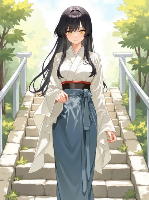 きちんと襟を合わせ帯を締めた袴姿の少女、石段の途中 - 袴の裾