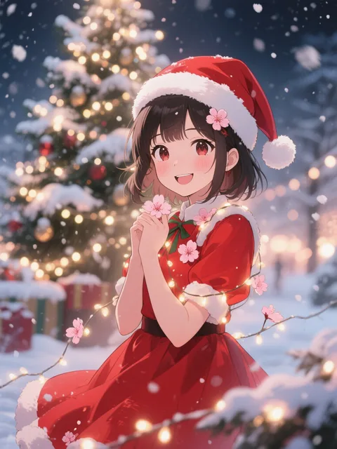真っ赤なクリスマスドレスを優雅に着こなしたサンタクロースの帽…