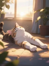 朝日を浴びて伸びをする猫