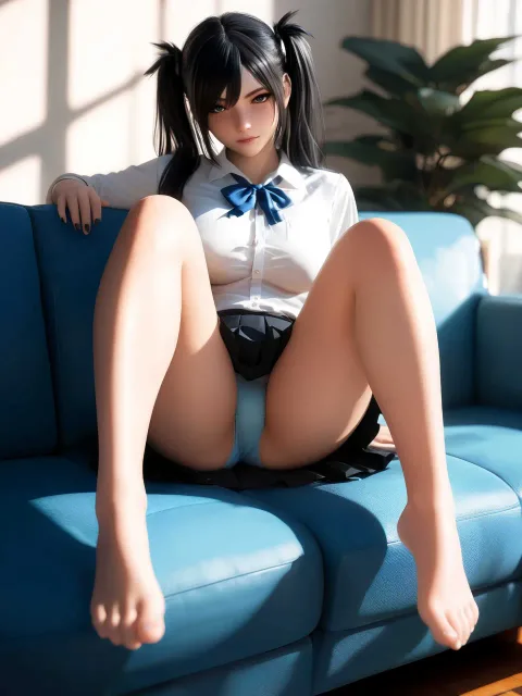 黒髪ツインテール、おっぱい大きめ、素足の色っぽい女の子