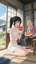 田舎でスイカを食べる孫娘