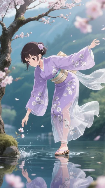 梅の木・水面・着物