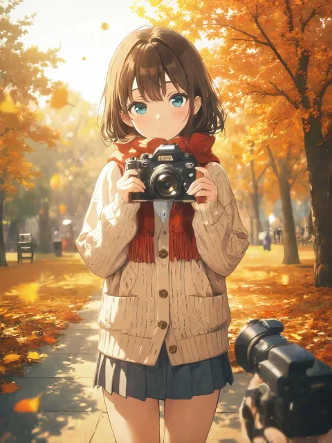 ニットのカーディガンを着た美少女、紅葉の公園、撮影会