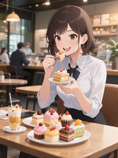 仕事終わりにカフェでたくさんのスイーツを美味しそうに食べるオ…