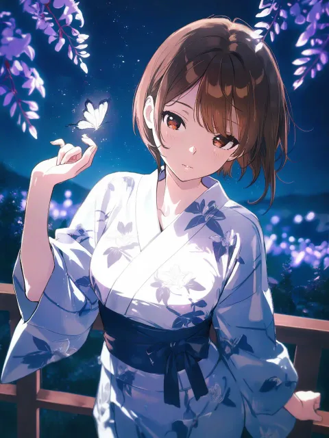 短めの髪を後ろで結ぶ、右の前髪だけ長い、大きい胸 - 夜の藤棚