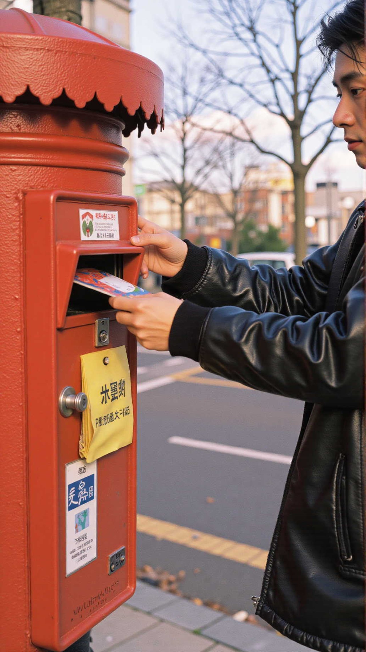 A hand posting nengajo into a red mailbox, cold morning air, street corner, candid snapshot style, ultra-detailed — 貸します　　djdんjd💗さんのAIイラスト