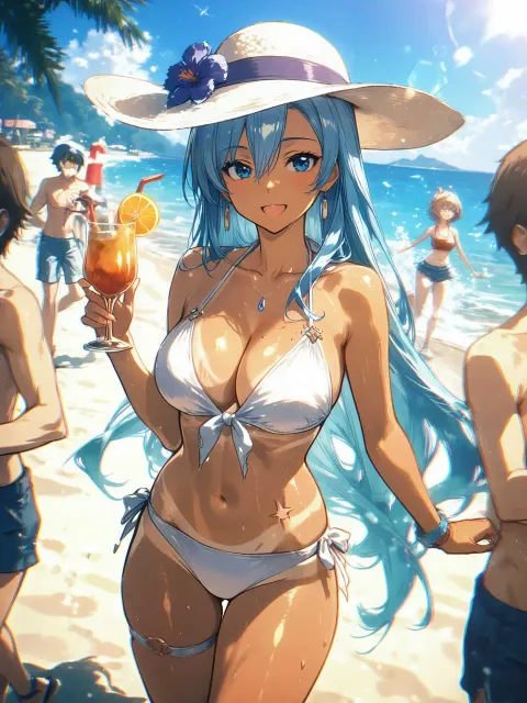 リゾート気分の青髪褐色お姉さん