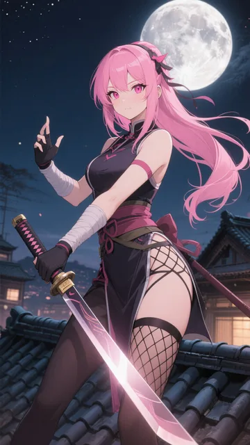 ピンク髪くノ一娘💕戦闘中❤️