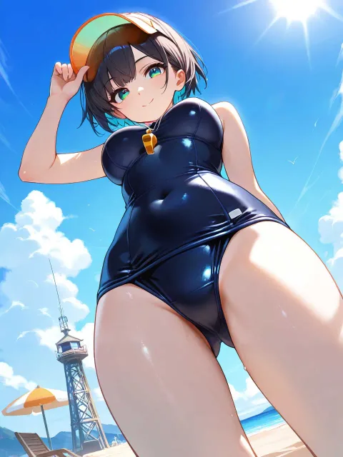 監視員の少女、ボーイッシュ、サンバイザー、サングラス