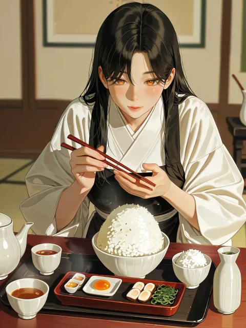 炊きたてのご飯、ご飯の湯気、ご飯の入ったご飯茶碗、ご飯桶