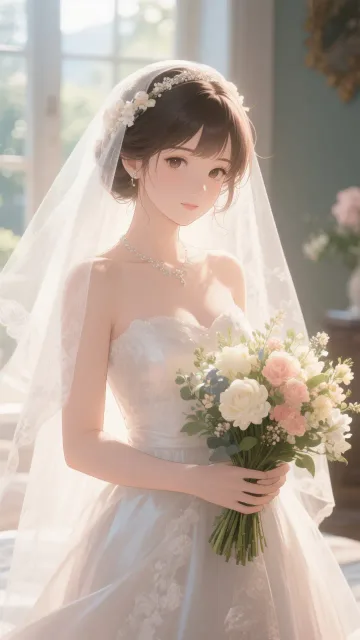 花嫁の朝、ブーケ、朝の光