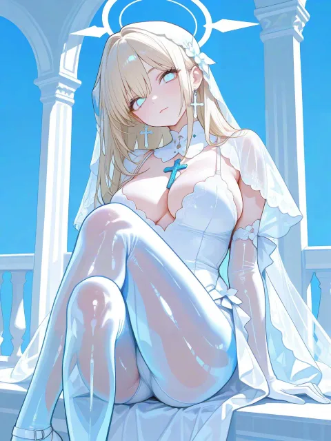 膝を抱えてしゃがむ色っぽい成年女性、夕暮れのベランダ