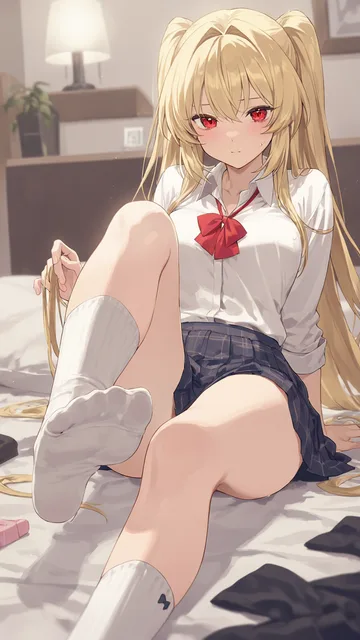 赤い目の金髪美少女が靴下を脱いでその足を嗅がせてくる
