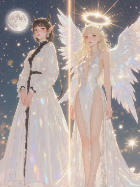 非常に詳細、シネマティックな照明、2人の少女 - 天使 vs 悪魔