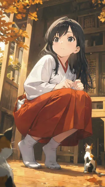 赤い袴の巫女服、白い足袋、黒色の長い髪、ダークグレーの瞳 - 袴の裾